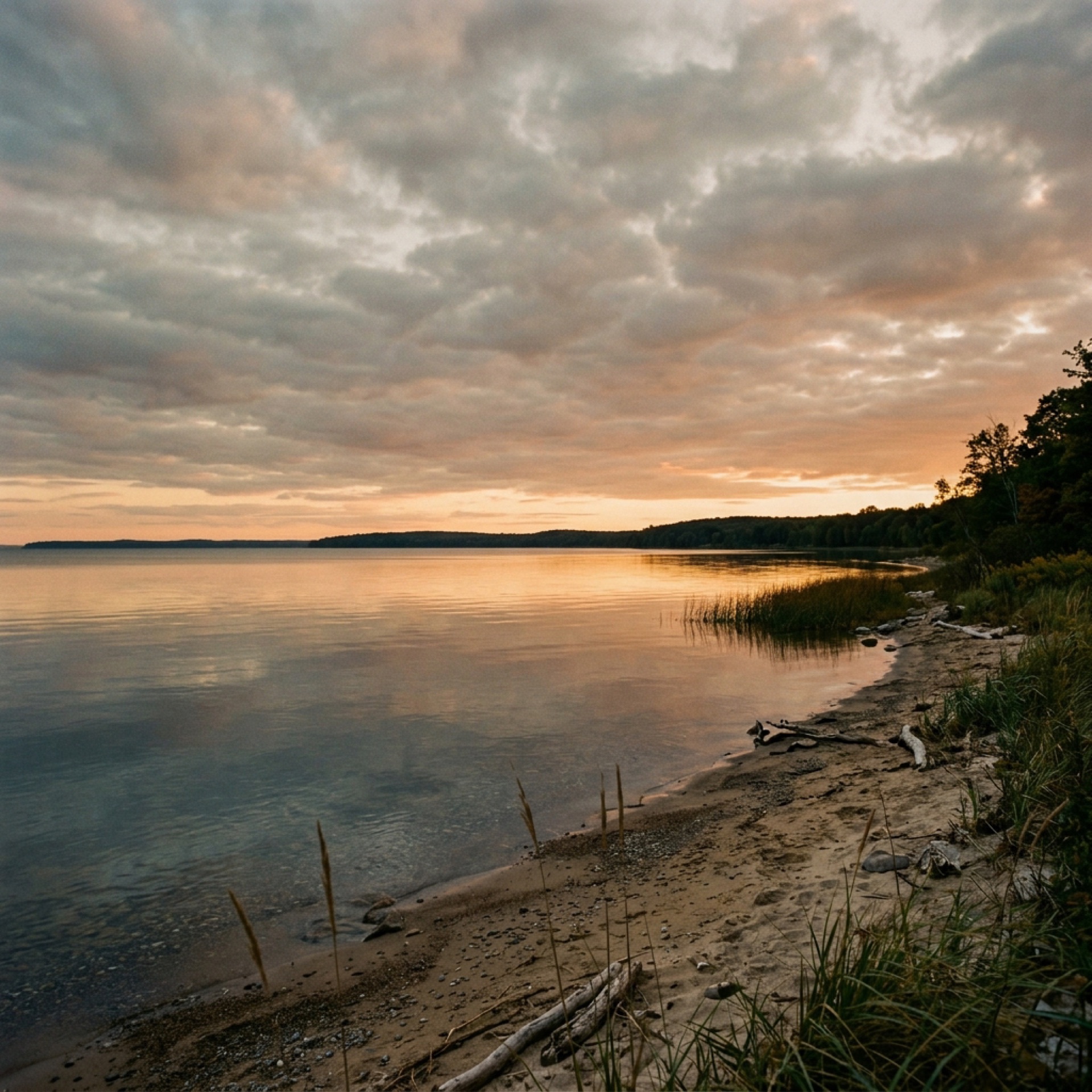 Serene lakeside shoreline at golden hour
